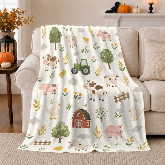 YShenghong Playful Farm Animals With Tractor And Red Barn Printed Flannel Blanket