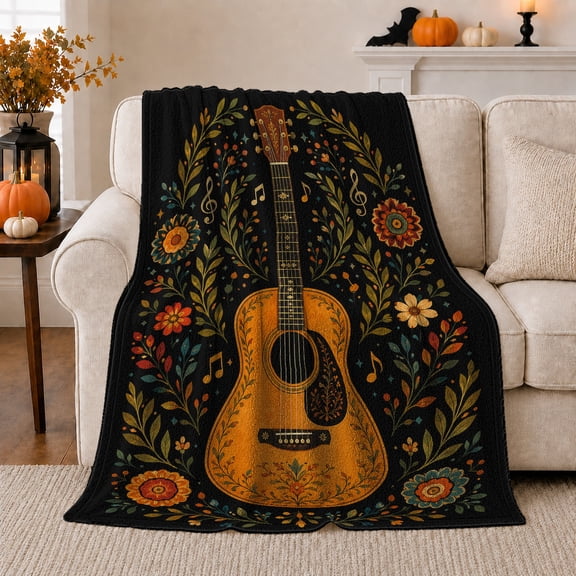 YShenghong Polyester Flannel Throw Blanket with Acoustic Guitar, Flowers, Leafy Vines and Musical Notes on Black