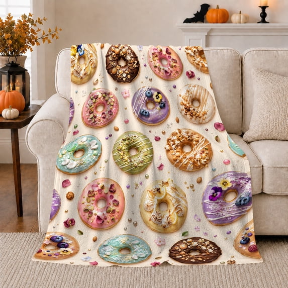 YShenghong Polyester Flannel Throw Blanket with Colorful Iced Donut Print and Scattered Floral Accents on Cream