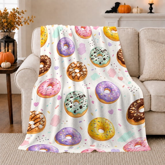 YShenghong Polyester Flannel Throw Blanket with Colorful Watercolor Donut Print, Pastel Hearts and Sprinkles on White