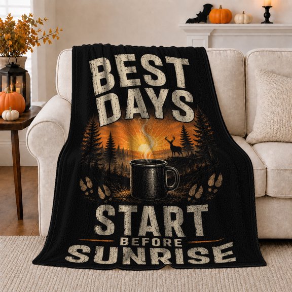 YShenghong Polyester Flannel Throw Blanket with Forest Sunrise, Deer and Cup Print, Best Days Start Before Sunrise Lettering