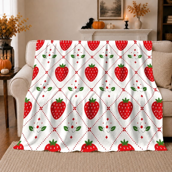 YShenghong Retro Strawberry Repeat With Floral Diamond Grid Printed Flannel Blanket