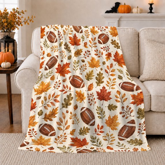 YShenghong Small Footballs Among Watercolor Leaves Berries And Branches Printed Flannel Blanket