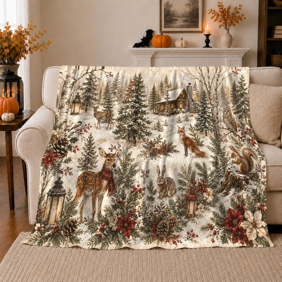 YShenghong Snowy Woodland Animals With Lanterns And Forest Cabin Printed Flannel Blanket