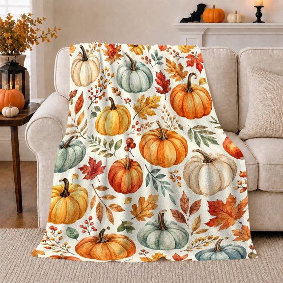 YShenghong Soft Watercolor Pumpkins With Leaves And Berries Printed Flannel Blanket