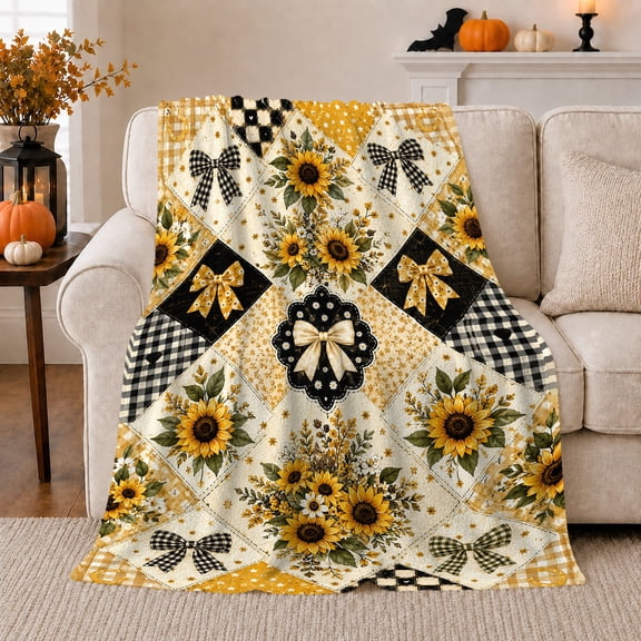 YShenghong Sunflower Bouquets And Gingham Bows In Patchwork Diamonds Printed Flannel Blanket