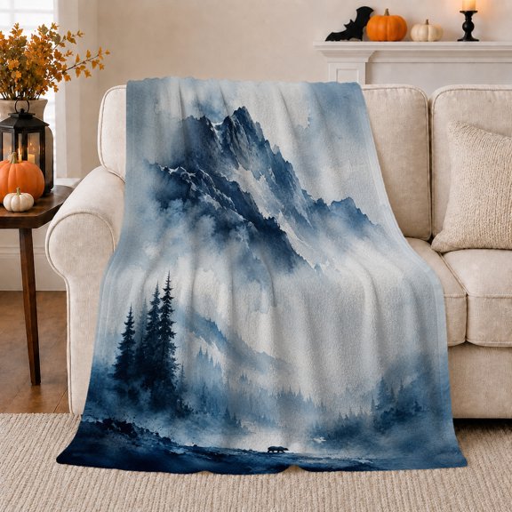 YShenghong Towering Blue Mountains Above Forests And Tiny Bear Printed Flannel Blanket