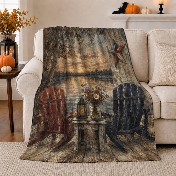 YShenghong Two Rustic Chairs Facing A Lakeside Sunset Printed Flannel Blanket