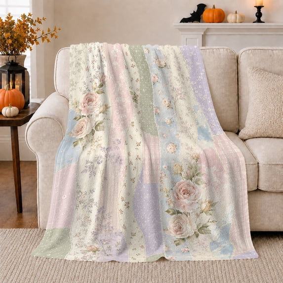 YShenghong Vintage Pastel Strips With Large Blush Roses Printed Flannel Blanket