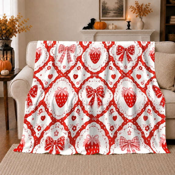 YShenghong Vintage Strawberries And Bows In Lace Frames Printed Flannel Blanket