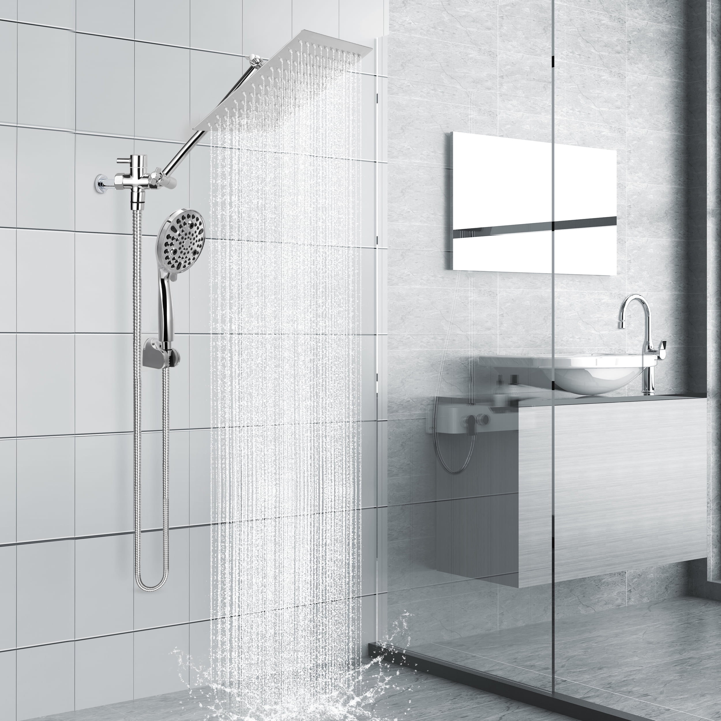 YTAKY 10 Setting Shower Head with Handheld, High Pressure Rain Shower Head Combo, 10 Inch Wide Rainfall Dual Showerhead, with Adjustable Extension Arm, Stainless Steel Hose
