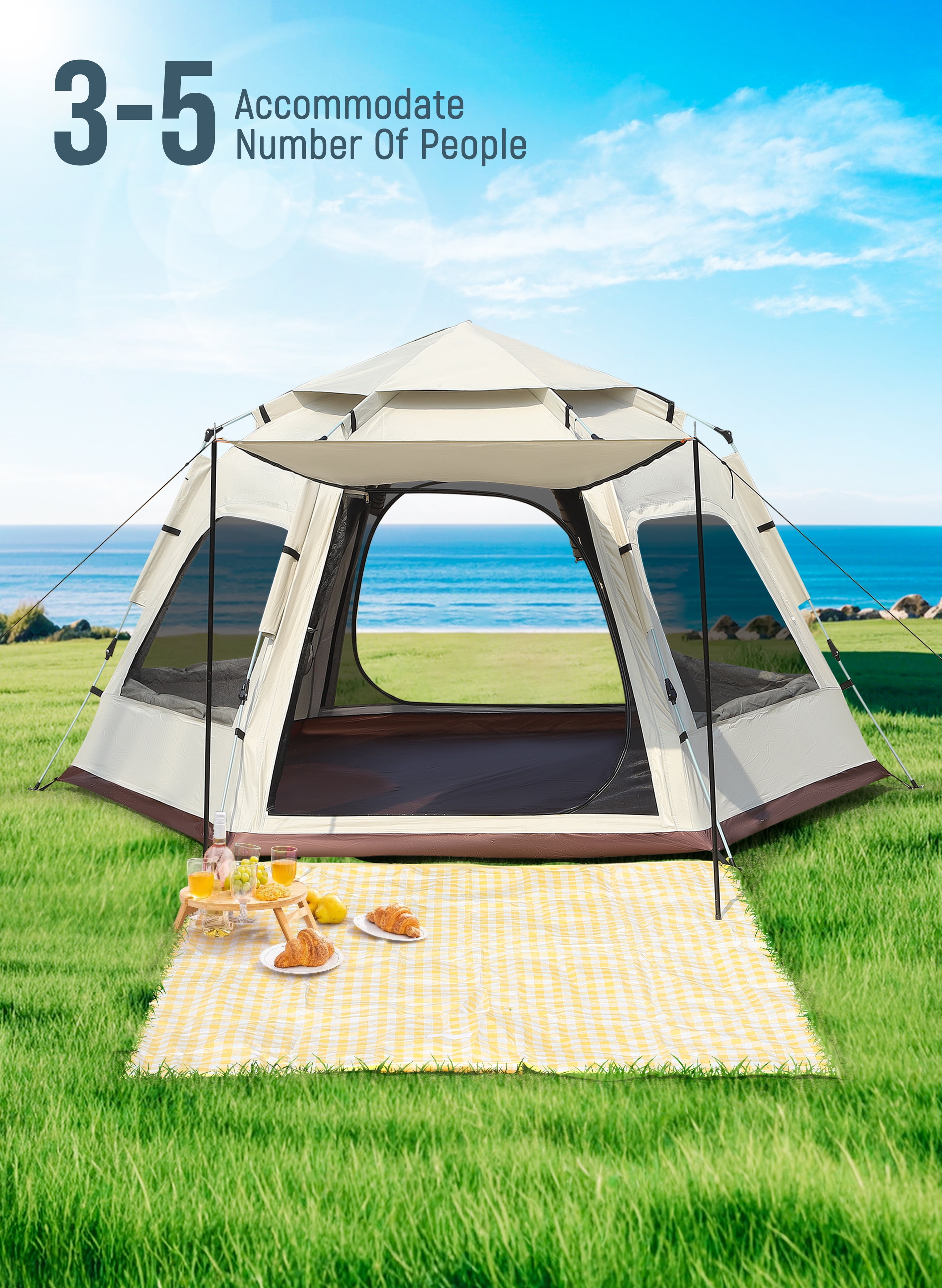 YTAKY 3-5 Person Tent for Camping, Instant Pop Up Camping Tent with Screen Porch, Family Tent for Outdoor/Hiking/Traveling, with Tote Bag, Camp Dome, Hexagonal Tent