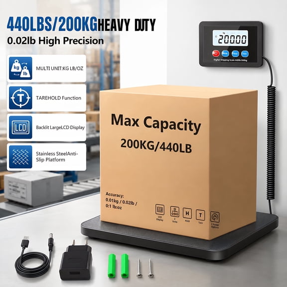 YTAKY Postal Scale , 440lbs Heavy-Duty, with Stainless Steel Platform, Commercial Shipping & Package Weighing Scale, Tare Function, LCD Display, AC/Battery Powered