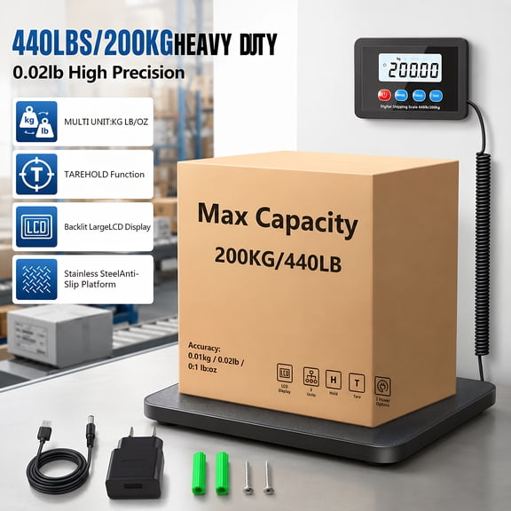 YTAKY Postal Scale 440lbs Heavy-Duty, with Stainless Steel Platform, Commercial Shipping & Package Weighing Scale, Tare Function, LCD Display, AC/Battery Powered