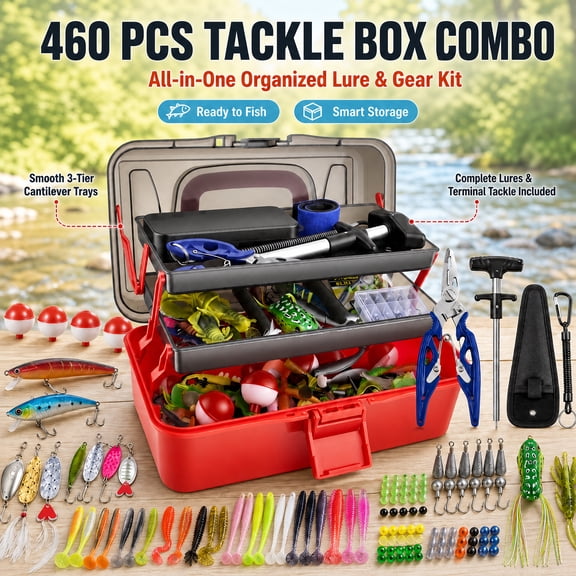 YTAKY Tackle Box, 460 PCS 3-Layer Fishing Tackle Box with Tackle Included, Bass Lure Starter Kit, Fishing Tackle Kit for Bass Trout Freshwater