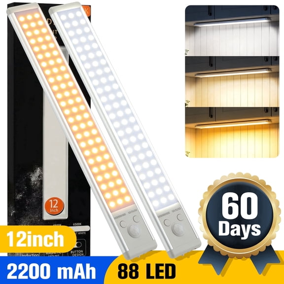 YTAKY Under Cabinet Lighting 12 inches, 88 LED, USB Rechargeable Closet Lighting kit with Motion Sensor and Magnetic Strip for Wardrobe, Kitchen Wireless Lighting,2 Pack