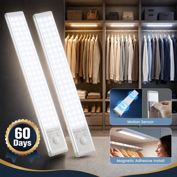 YTAKY Under Cabinet Lighting 12 inches, 88 LED, USB Rechargeable Closet Lighting kit with Motion Sensor and Magnetic Strip for Wardrobe, Kitchen Wireless Lighting,2 Pack