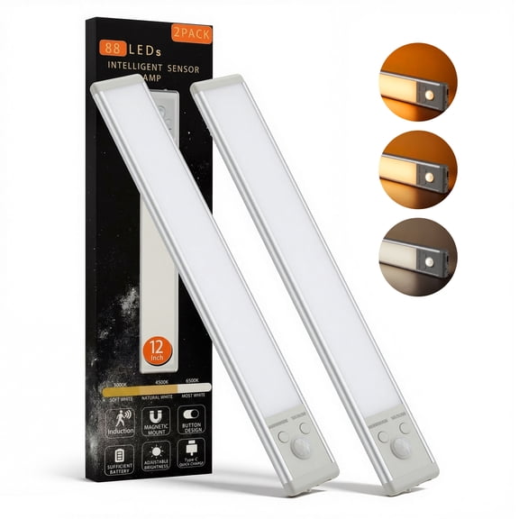 YTAKY Under Cabinet Lights 12 inches, 88 LED, USB Rechargeable Closet Lighting kit with Motion Sensor and Magnetic Strip for Wardrobe, Kitchen Wireless Lighting,2 Pack