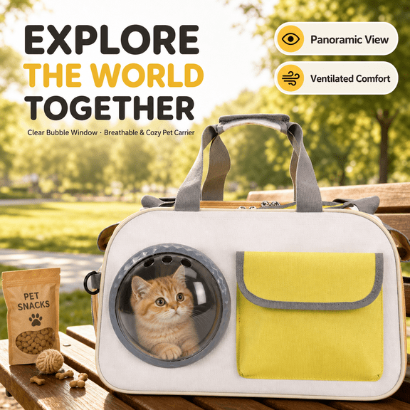 YTAKY Cat Carrier, 30-lb Limit 18-in Size, Breathable Transparent Window Designed Hatch, Soft Plush Mat for Cats Dogs, Yellow Outdoor Daily Travel