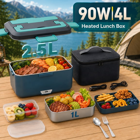 YTAKY Electric Lunch Box Food Heater 4L, 90W Portable Food Warmer, Heated Lunch Box, Lunch Warmer for Adults, 2.5L+1L+0.5L,12V-24V 110V