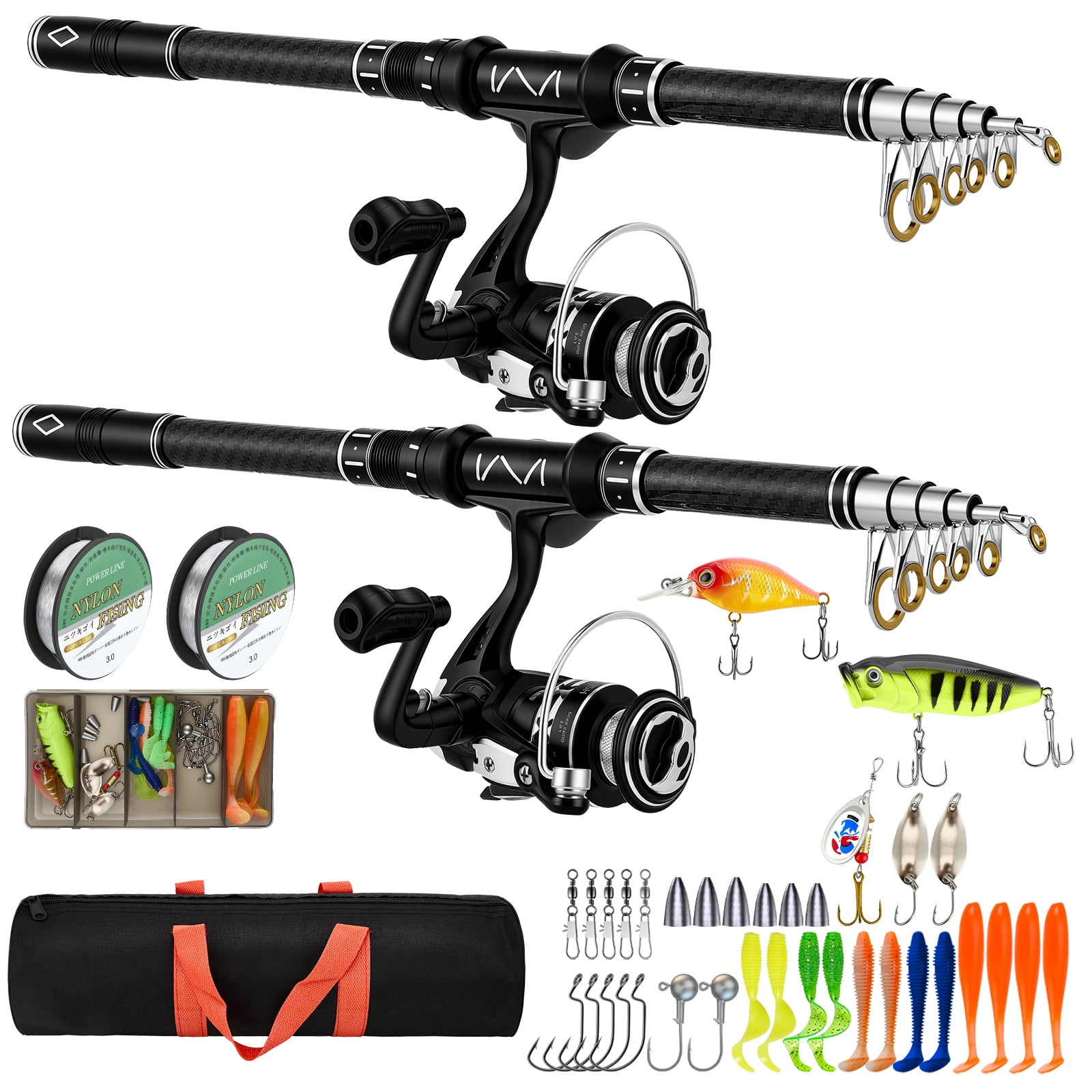 YTAKY Fishing Rod and Reel Combo Set, 2 Pack 7.87ft Telescopic Fishing Rod with 2000 Spinning Reel, 100M Fishing Line, Lure Bait Box and Carrying Bag, Fishing Gear Kit for Beginners and Adults