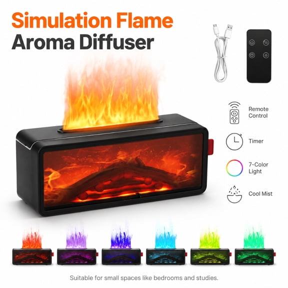 YTAKY Diffuser, Flame Diffuser, with 7 Colors Flame Fireplace Cool Mist Humidifier with Remote Control, 3 Timer and Waterless Auto-off Oil Diffuser for Home Room Office
