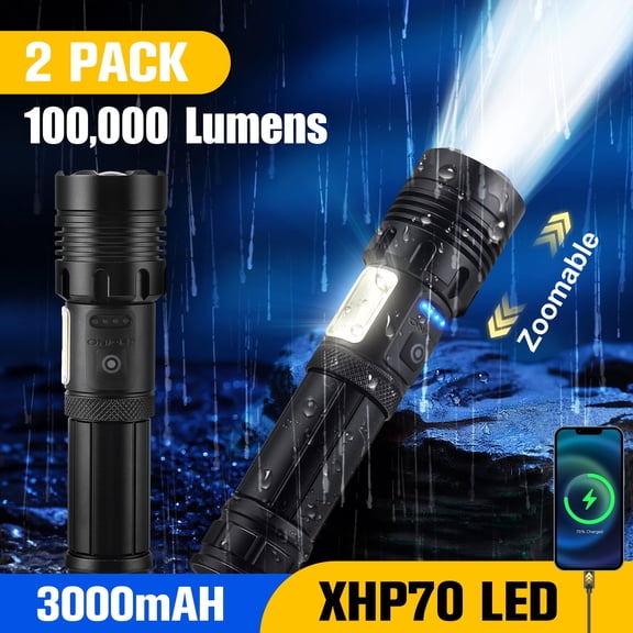 YTAKY Flashlight , 2 Pack 100000 Lumens, Powerful Flashlight, XHP70.2 LED, 3000mAH, Waterproof,Rechargeable , Zoomable Torch for Hiking Camping
