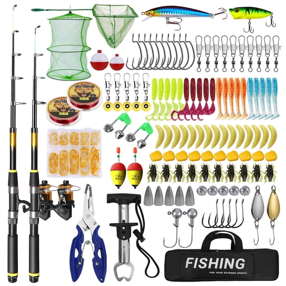 YTAKY Kids Fishing Rod and Reel Combo Full Kit 1.2m/1.5m Telescopic Casting Rod Pole with Spincast Reel and Hooks Lures Swivels Carry Bag A