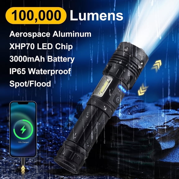 YTAKY Powerful Flashlight 100000 Lumens, USB Rechargeable Waterproof, Super Bright XHP70.2 Handheld Flashlight,Zoomable Torch for Hiking Camping