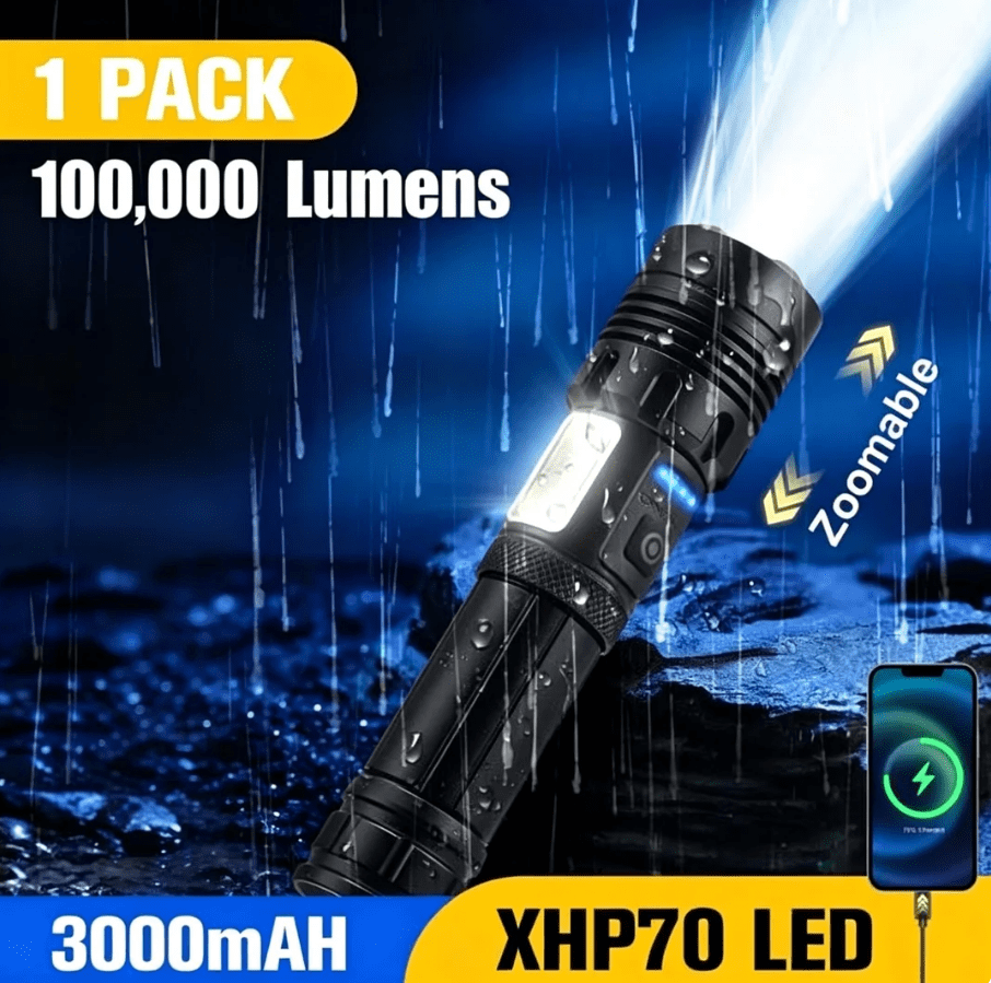 YTAKY Flashlight, 100000 Lumens Super Bright XHP70.2 Flashlight, 3000mAh USB Rechargeable, Zoomable IPX6 Waterproof Torch for Hiking Hunting Camping