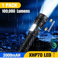 thumbnail image 1 of YTAKY Flashlight, 100000 Lumens Super Bright XHP70.2 Flashlight, 3000mAh USB Rechargeable, Zoomable IPX6 Waterproof Torch for Hiking Hunting Camping, 1 of 12