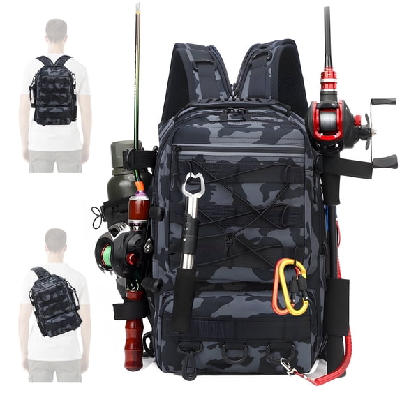 YTAKY 45L Fishing Bag, Fishing Backpack with Rod Holder, Waterproof, Fishing Tackle bags, Breathable Shoulder Sling Fishing Gear Bag Black