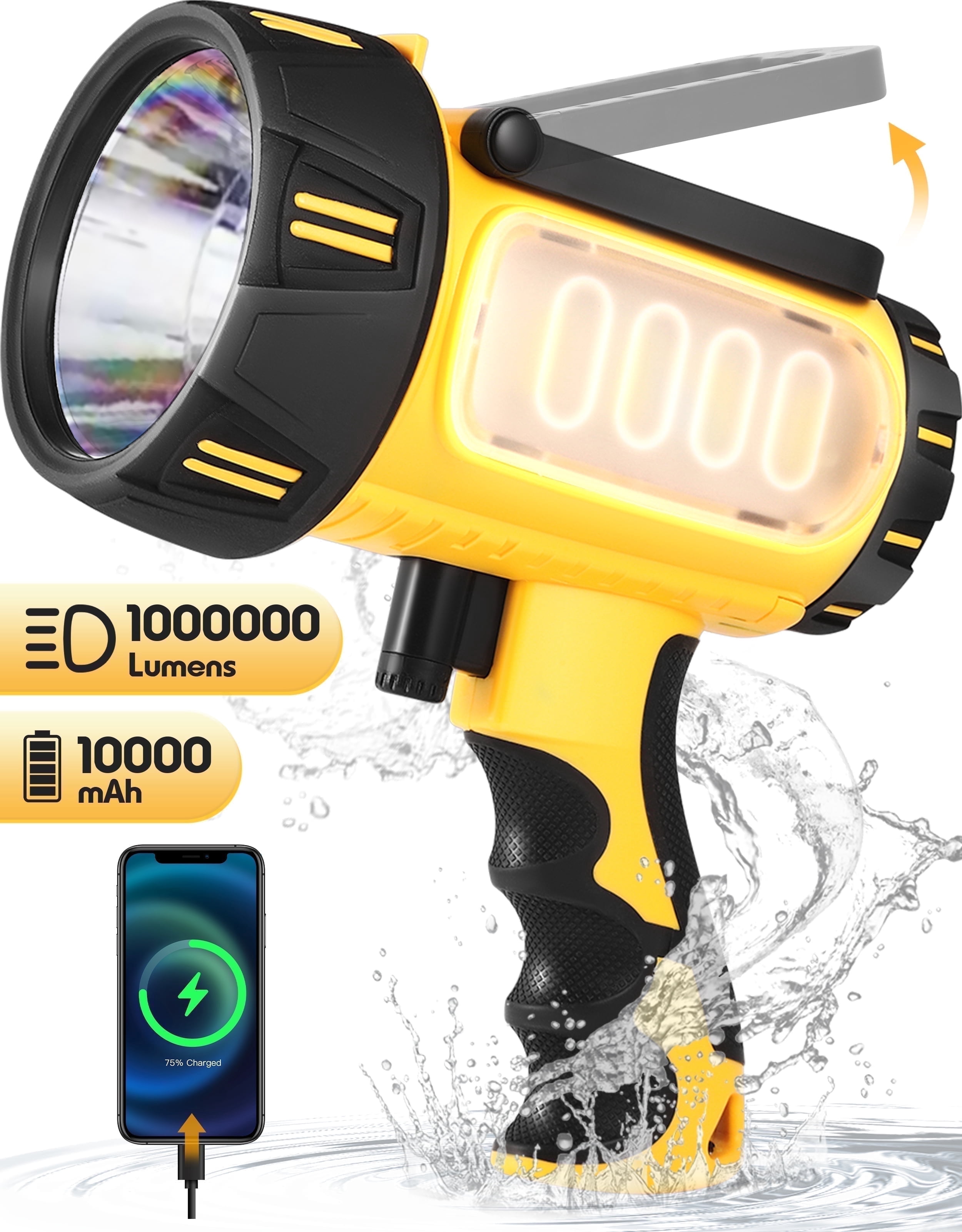 YTAKY Flashlight 1000000 Lumen, Spotlight Rechargeable, 10000mAh Battery, IP67 Waterproof for Outdoor Camping, with Foldable Stand