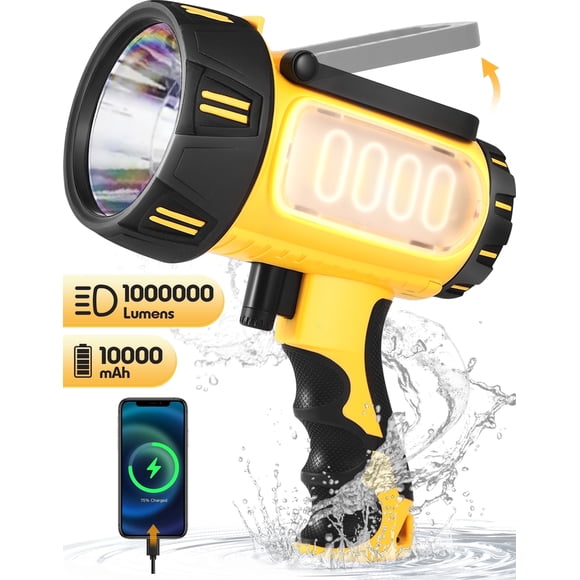 YTAKY Flashlight 1000000 Lumen, Spotlight Rechargeable, 10000mAh Battery, IP67 Waterproof for Outdoor Camping, with Foldable Stand
