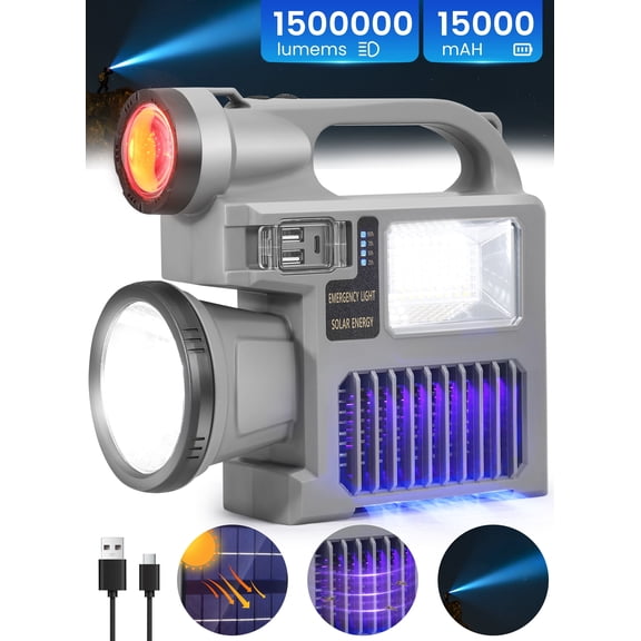 YTAKY Spotlight Flashlight, 1500,000 lumens and 10 light modes, IP67 waterproof and drop resistant rechargeable spotlight, solar charging and mobile power, outdoor adventure, emergency use