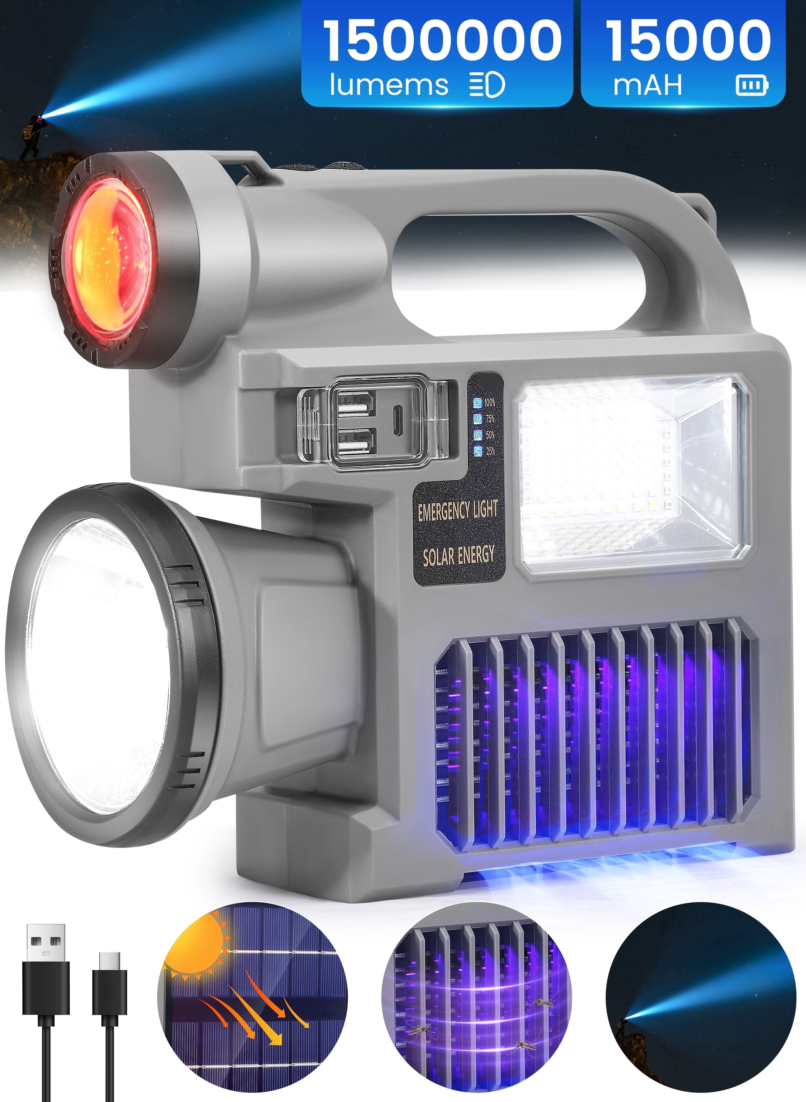 YTAKY Spotlight Flashlight, 1500,000 lumens and 10 light modes, IP67 waterproof and drop resistant rechargeable spotlight, solar charging and mobile power, outdoor adventure, emergency use