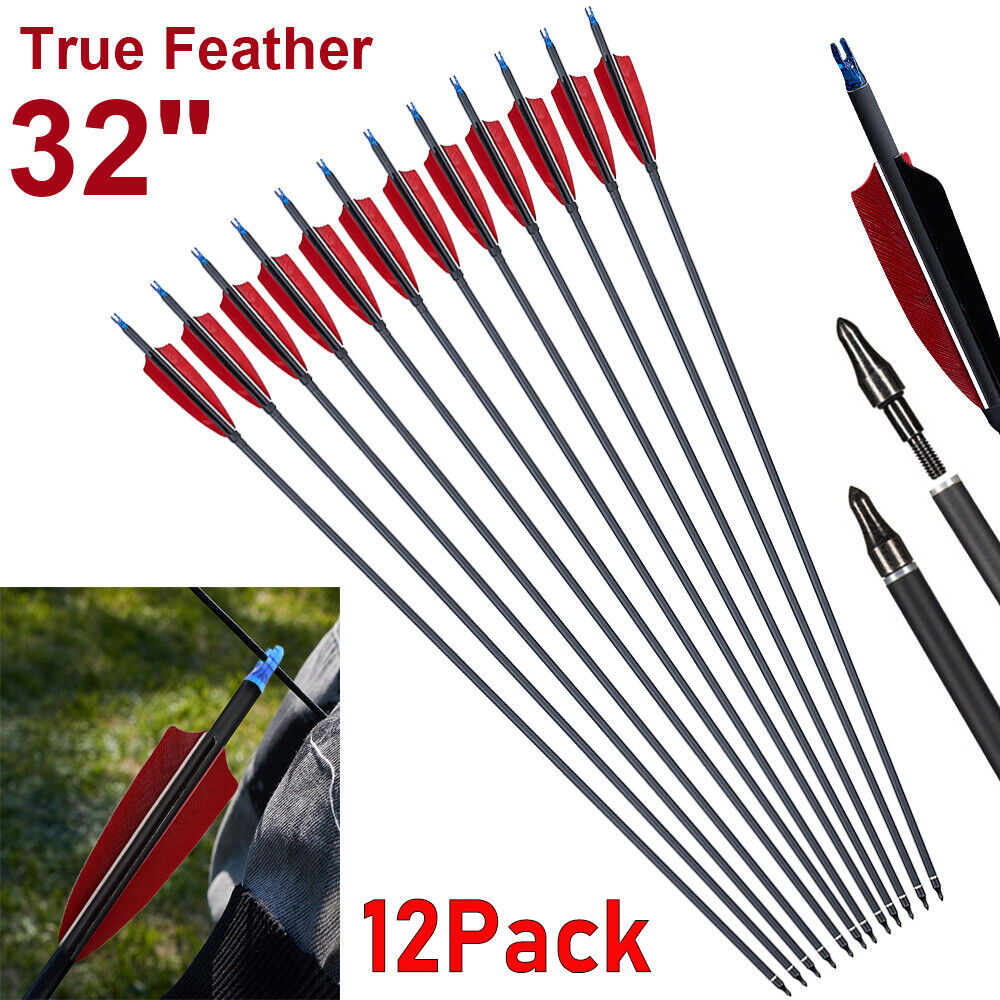 YTBW 12X32"Archery Carbon Arrows Shaft Sp500 W/Turkey Feather For