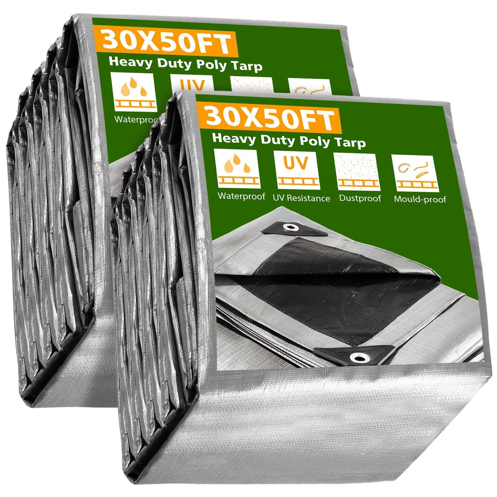 YTBW 2 Pack 30X50 Ft Waterproof Poly Tarp Heavy Duty Protect Cover 10Mil Tarpaulin