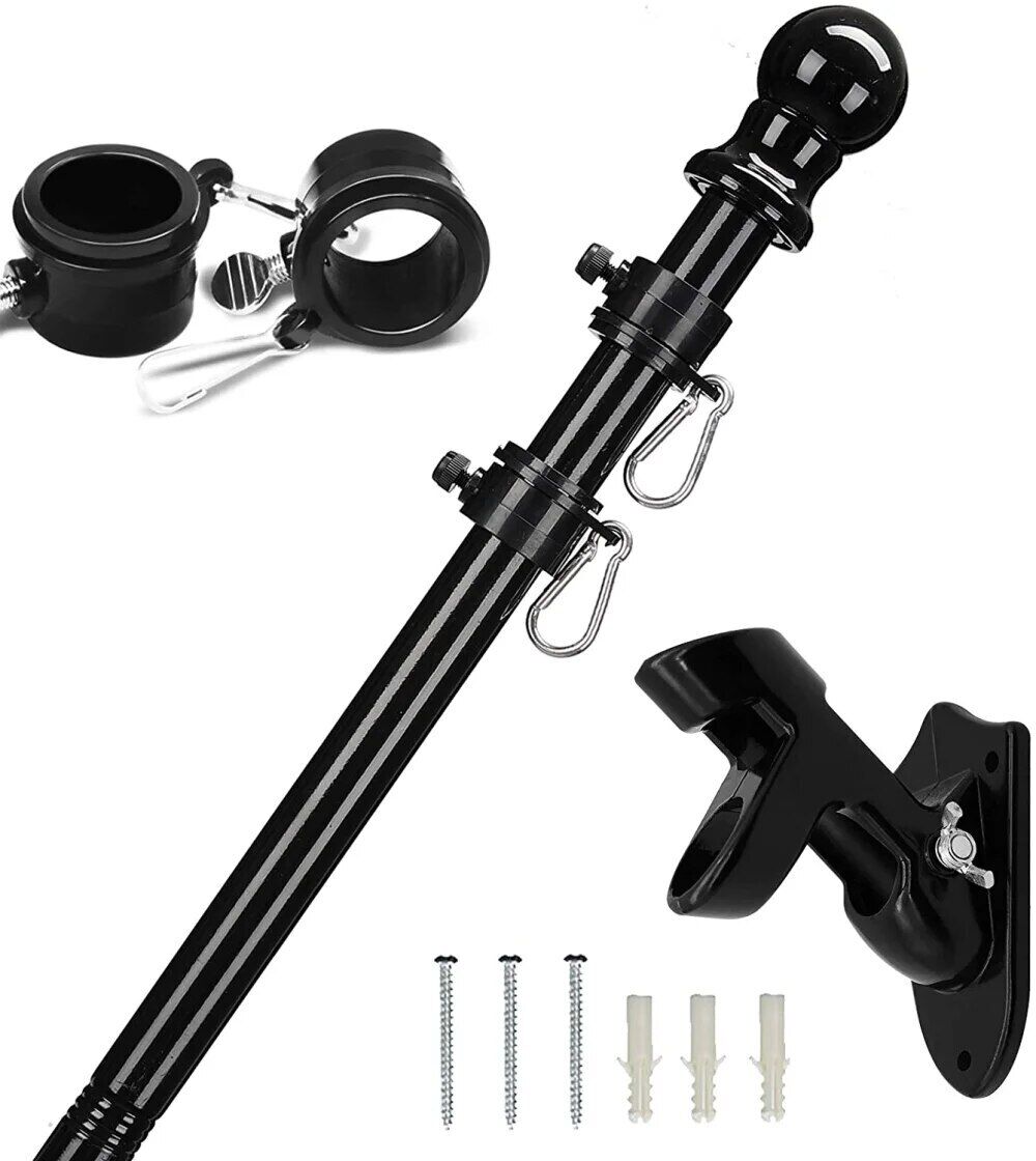 YTBW Flag Pole Kit Flag Pole House Porch Black Holder Wall Mounting