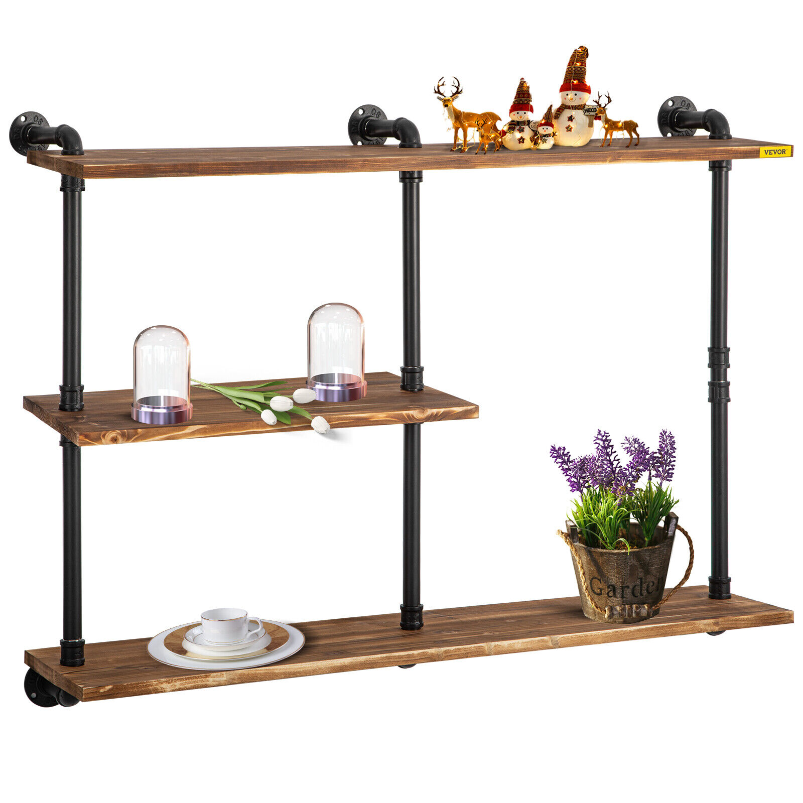 YTBW Pipe Shelves Industrial Iron Pipe Wall Mounted W/ 3Tier Wood