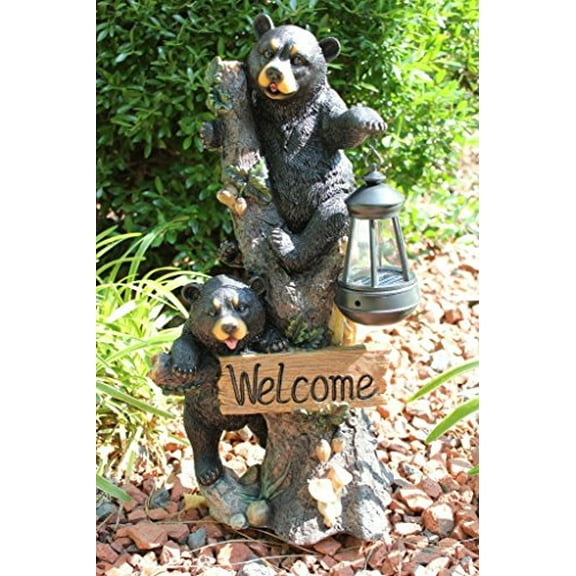 YTC SUMMIT Climbing Black Bear Cubs Statue Figurine Solar LED Lantern Light Welcome Sign