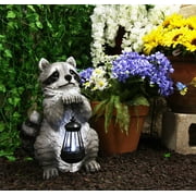 YTC SUMMIT North American Raccoon Statue Holding Solar Powered Lantern LED Light Patio Decor Indoor Outdoor Racoon