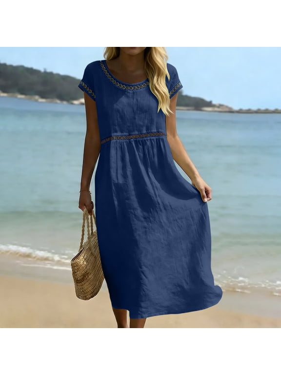 100%Cotton Summer Dresses for Women Fashion Boho Hollow Out Trim Short Sleeve Maxi Dress Comfy Breathable A Line Long Dresses
