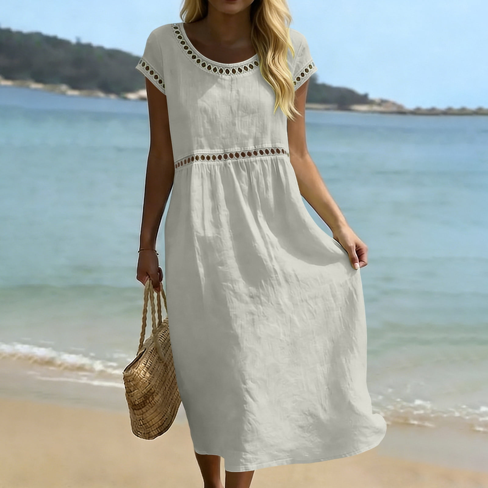 bohemian cotton summer dresses YTCAMLO 100%Cotton for Women Fashion Boho Hollow Out Trim Short Sleeve Maxi Dress Comfy Breathable A Line Long Dresses BABARONI Chiffon Dusty Rose m-all:Shoes Whether youre attending a Variant:SMALL