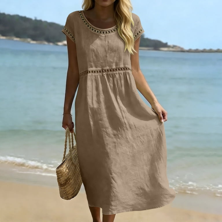 a line cotton summer dresses YTCAMLO 100%Cotton for Women Fashion Boho Hollow Out Trim Short Sleeve Maxi Dress Comfy Breathable Long Dresses Vendor: DRESS & Fleur