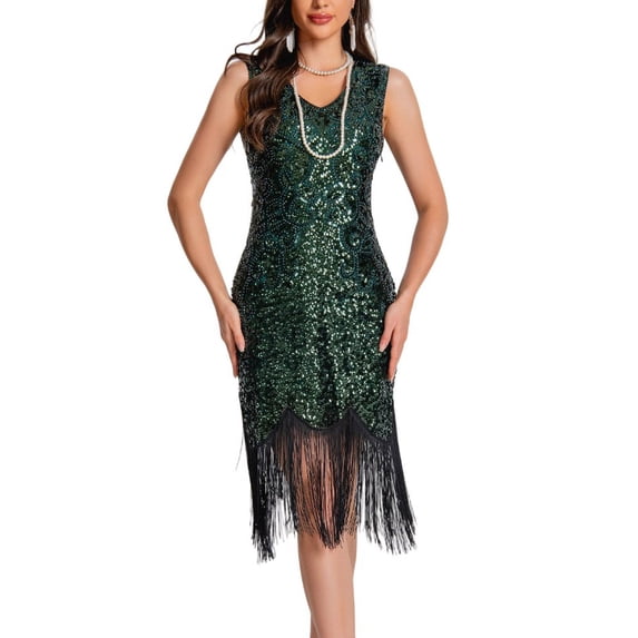 YTCAMLO 1920s Flapper Dresses for Women Vintage V Neck Midi Dress with Flowy Tassel Slim Cocktail Sleeveless Sequin Dress for Party