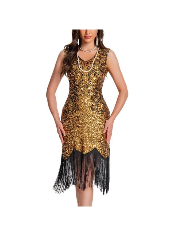 1920s Flapper Dresses for Women Vintage V Neck Midi Dress with Flowy Tassel Slim Cocktail Sleeveless Sequin Dress for Party