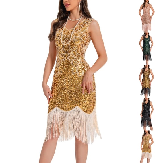 YTCAMLO 1920s Flapper Dresses for Women Vintage V Neck Midi Dress with Flowy Tassel Slim Cocktail Sleeveless Sequin Dress for Party