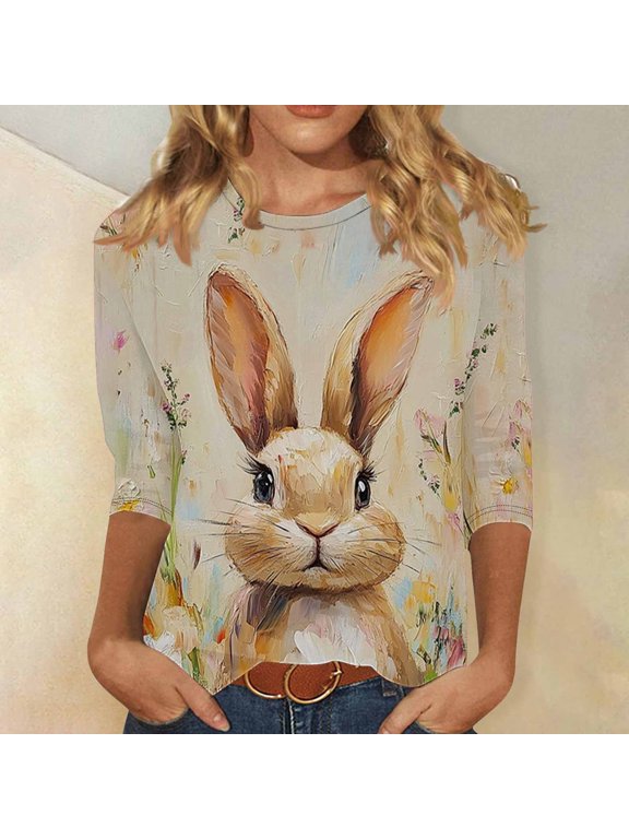 3/4 Sleeve Easter Shirts for Women Oversized Easter Egg Printed Graphic Tees Loose Fit Crewneck Pullover Spring Holiday Tops XXXL
