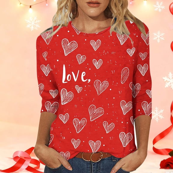 YTCAMLO 3/4 Sleeve T Shirts for Women Fashion Crew Neck Valentine Shirts Love Heart Graphic Printed Tunic Tops Oversized Blouses